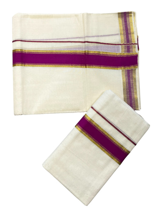 Kerala Cotton Set Mundu (Mundum Neriyathum) with Kasavu and Magentha Border
