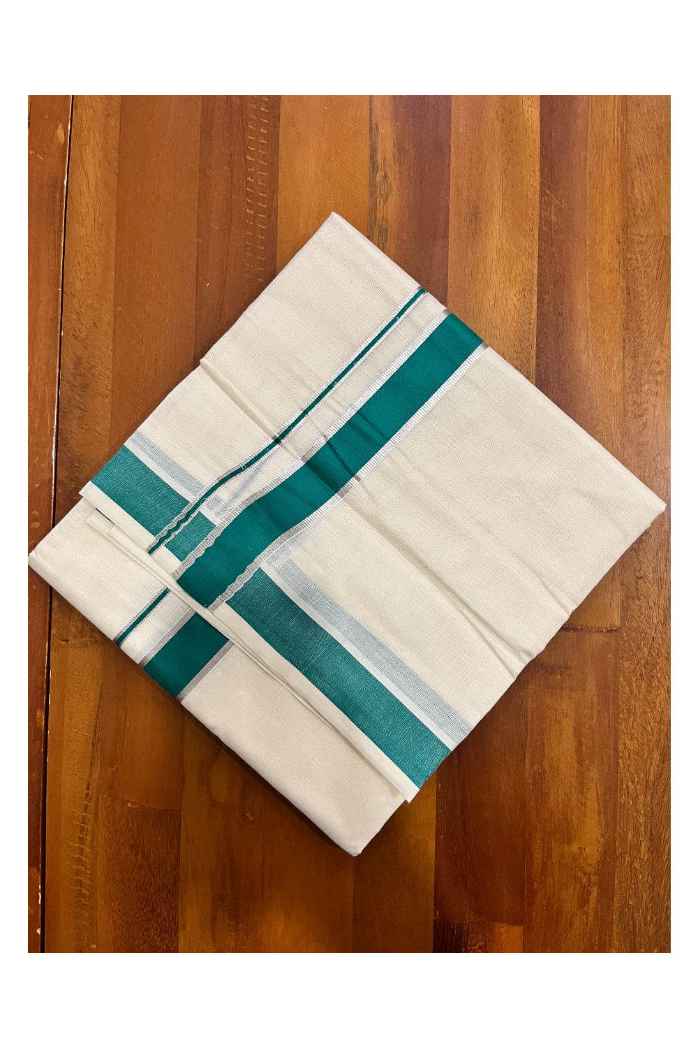 Pure Cotton Double Mundu with Silver Kasavu and Green Kara (South Indian Kerala Dhoti)