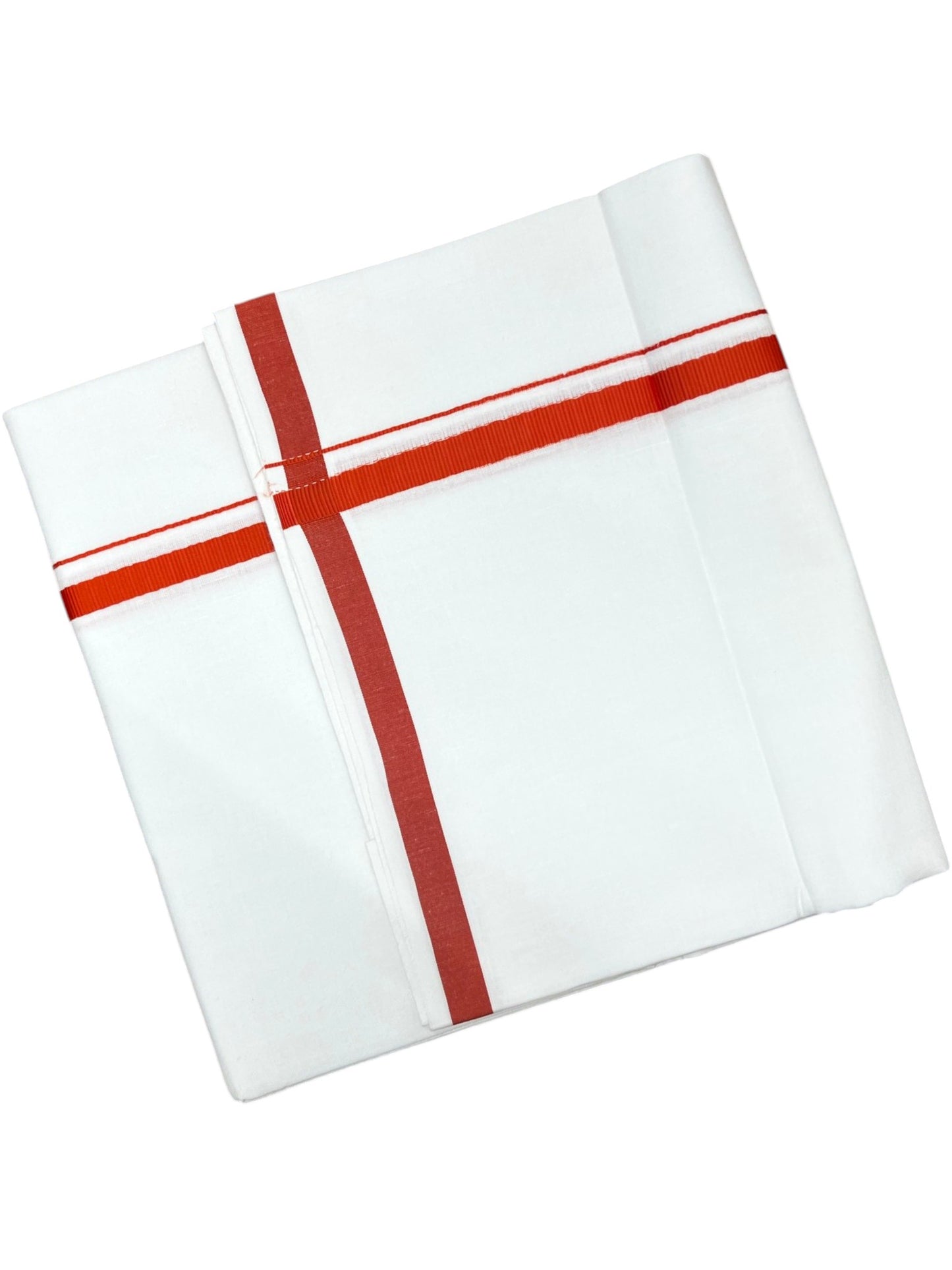 Southloom Pure White Cotton Single Mundu with Orange Border (South Indian Kerala Dhoti)