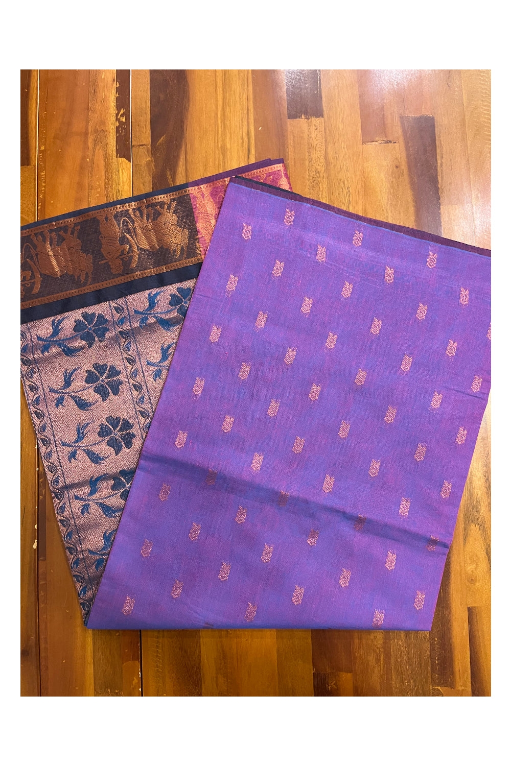 Southloom Cotton Violet Saree with Kasavu Woven Butta Works on Body  and Pallu