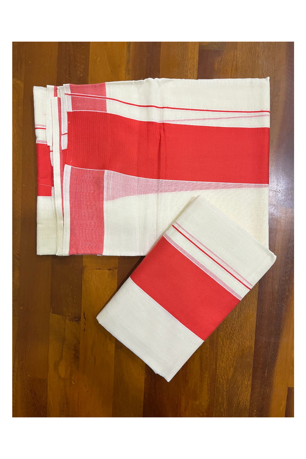 Kerala Cotton Mundum Neriyathum Single (Set Mundu) with Orange Border 2.80 Mtrs