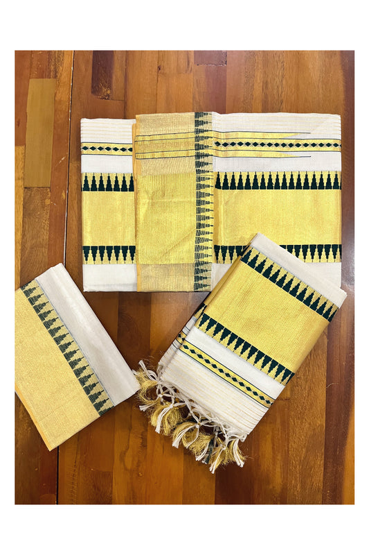 Southloom Super Premium Balaramapuram Handloom Single Set Mundu with Green Temple Kasavu Border 2.80 Mtrs