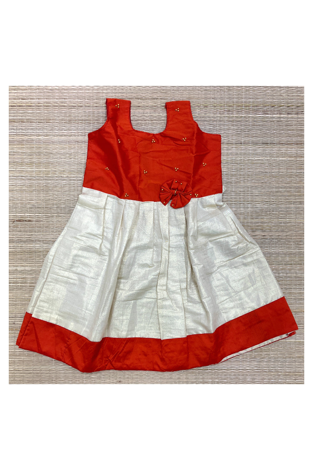 Southloom Kerala Tissue Frock with Red Bead Work Designs for Kids (5 Years)