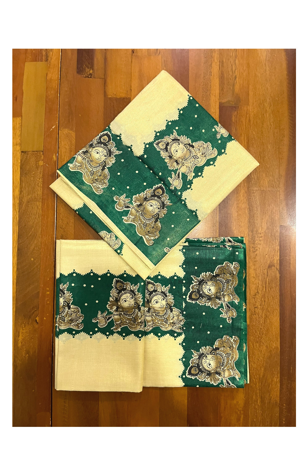 Kerala Tissue Kasavu Set Mundu (Mundum Neriyathum) with Krishna Mural Prints on Green Border (Onam Set Mundu 2023)