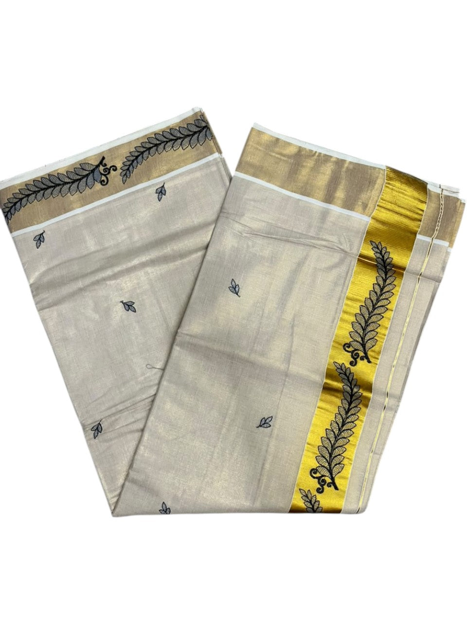 Southloom Tissue Kerala Kasavu Saree with Floral Embroidery Design On Border