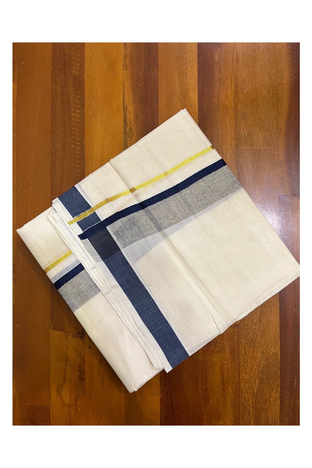 Kerala Pure Cotton Double Mundu with Dark Blue and Kasavu Border (South Indian Kerala Dhoti)