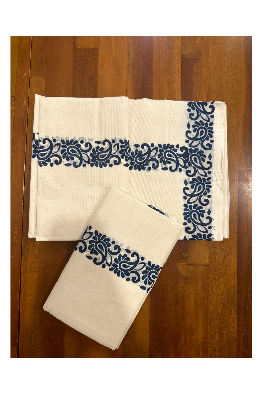 Kerala Cotton Set Mundu (Mundum Neriyathum) with Blue Block Printed Border (Onam Set Mundu 2023)