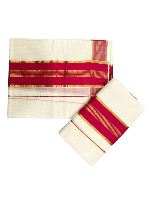 Kerala Cotton Set Mundu (Mundum Neriyathum) with Kasavu and Red Border