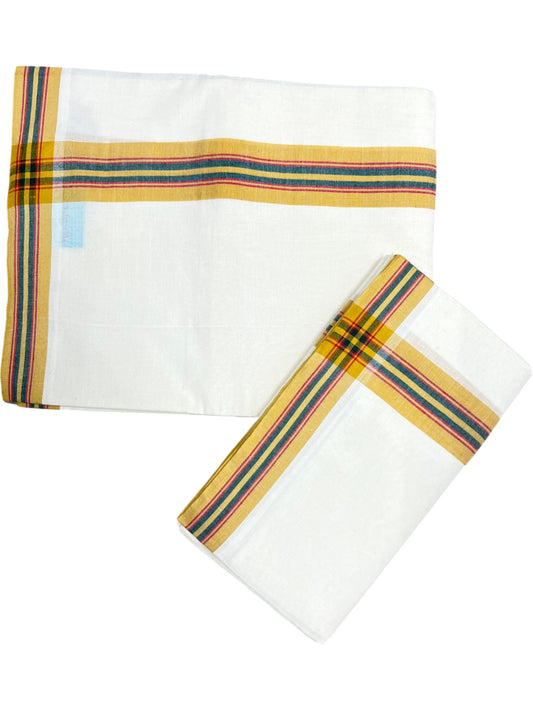 Southloom Pure Cotton Kerala Single Mulloth Set Mundu (Mundum Neriyathum) Mustard Yellow And Green Border in 2.80 mtrs SL243