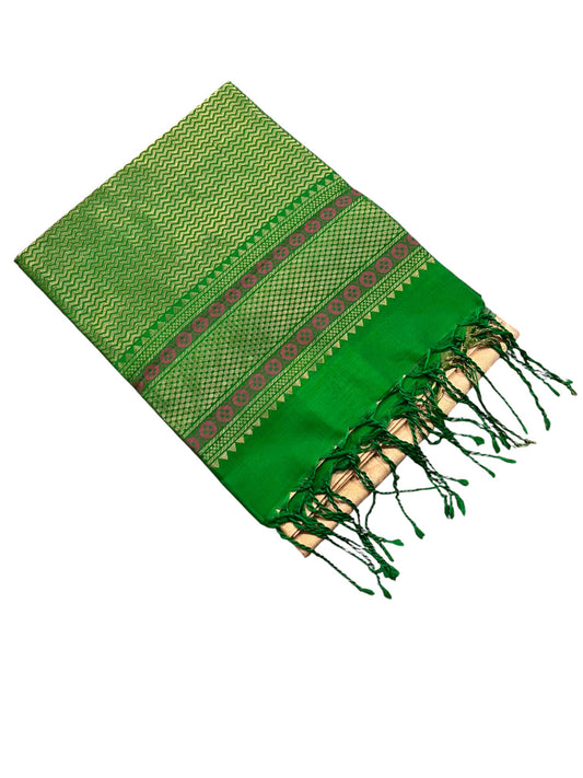 Southloom Pure Handloom Kanchipuram Silk Saree with Korvai Work (Beige & Green)