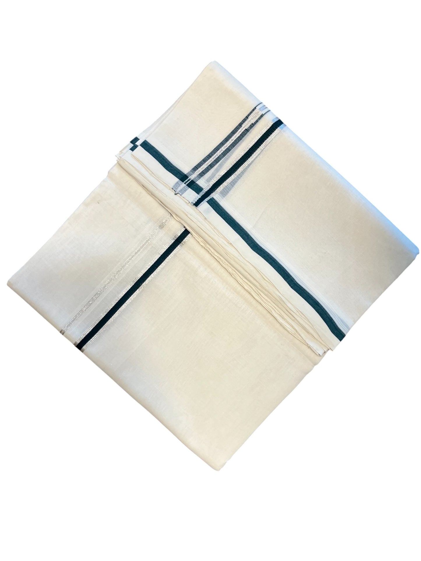 Southloom Premium Handloom Cotton Double Mundu with Silver and Green Chutti Kara Border