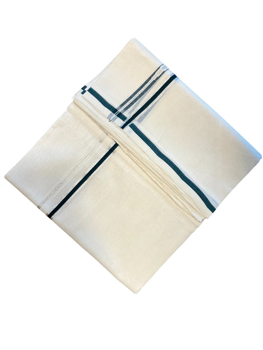 Southloom Premium Handloom Cotton Double Mundu with Silver and Green Chutti Kara Border