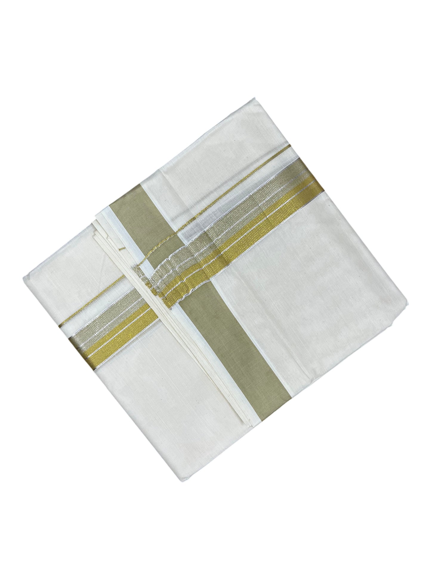 Southloom Pure Cotton Mundu with Silver Lines and Olive Green &Yellow Border (South Indian Kerala Dhoti)