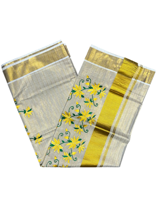 Southloom Tissue Kerala Kasavu Lines Saree with Floral Embroidery Design in Yellow