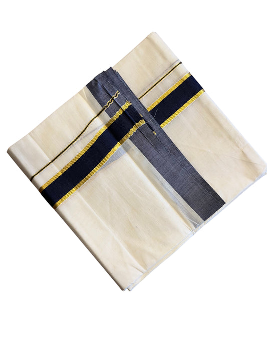 Southloom Pure Cotton Mundu with Gold Kasavu and Blue Colour Border (South Indian Kerala Dhoti)