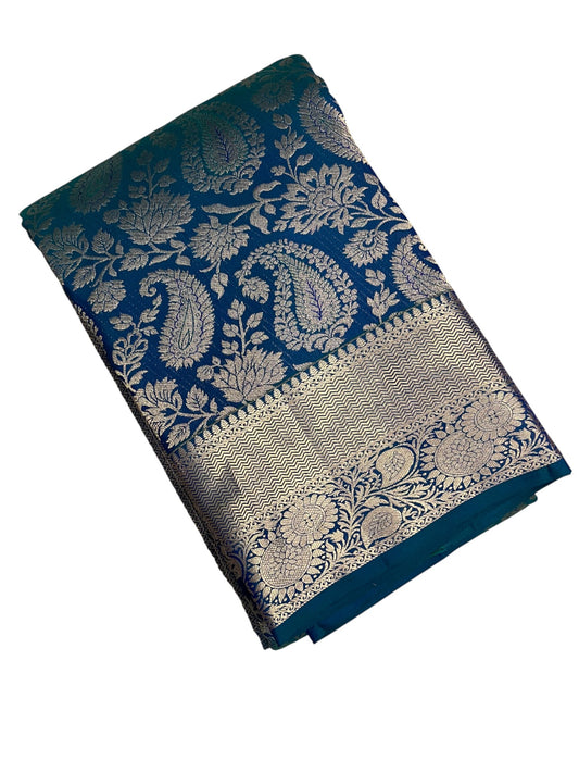 Southloom Premium Handloom Bridal Kanchipuram Silk Saree with Korvai Work (Blue)