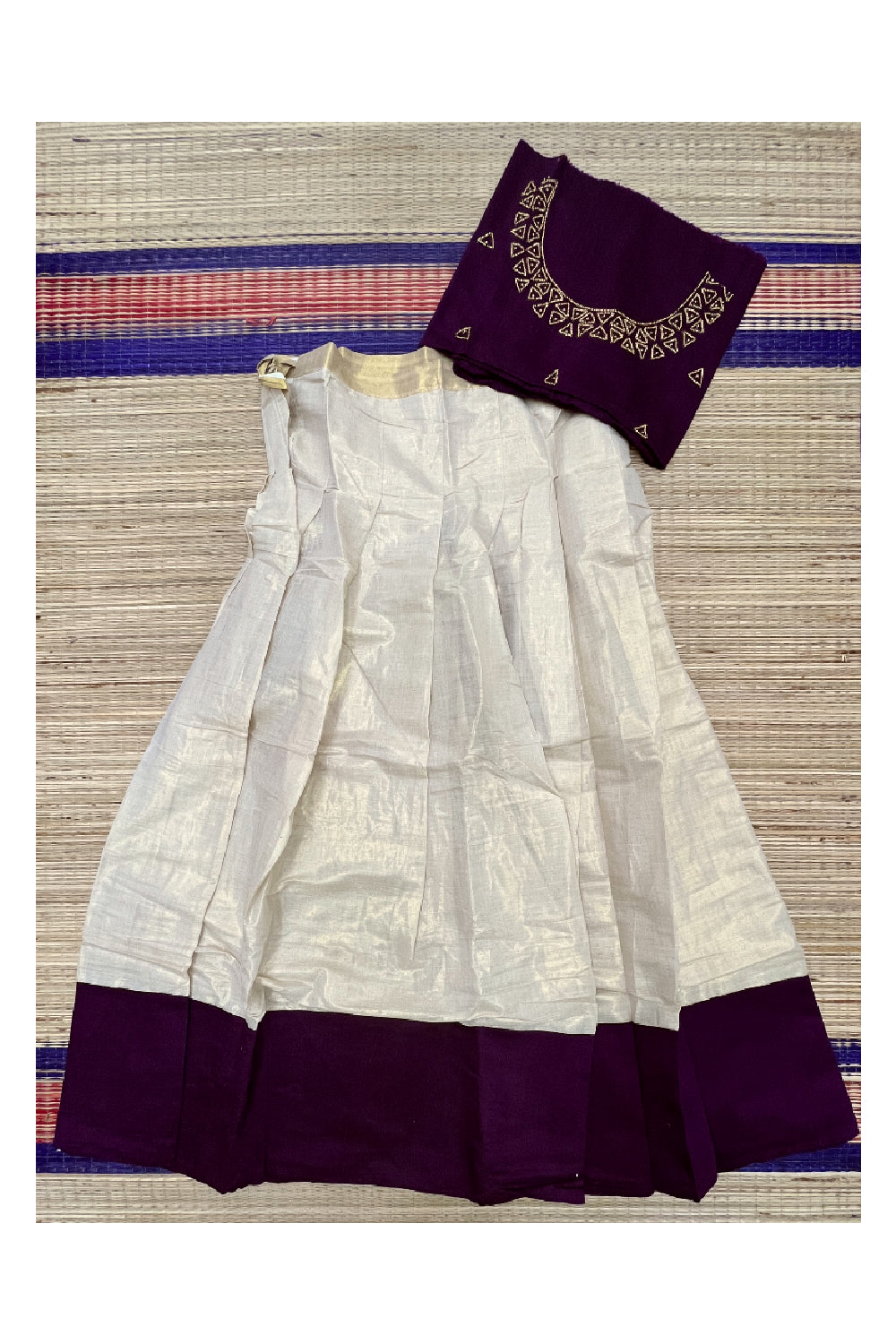 Semi Stitched Pavada Blouse with Tissue and Purple Bead Works