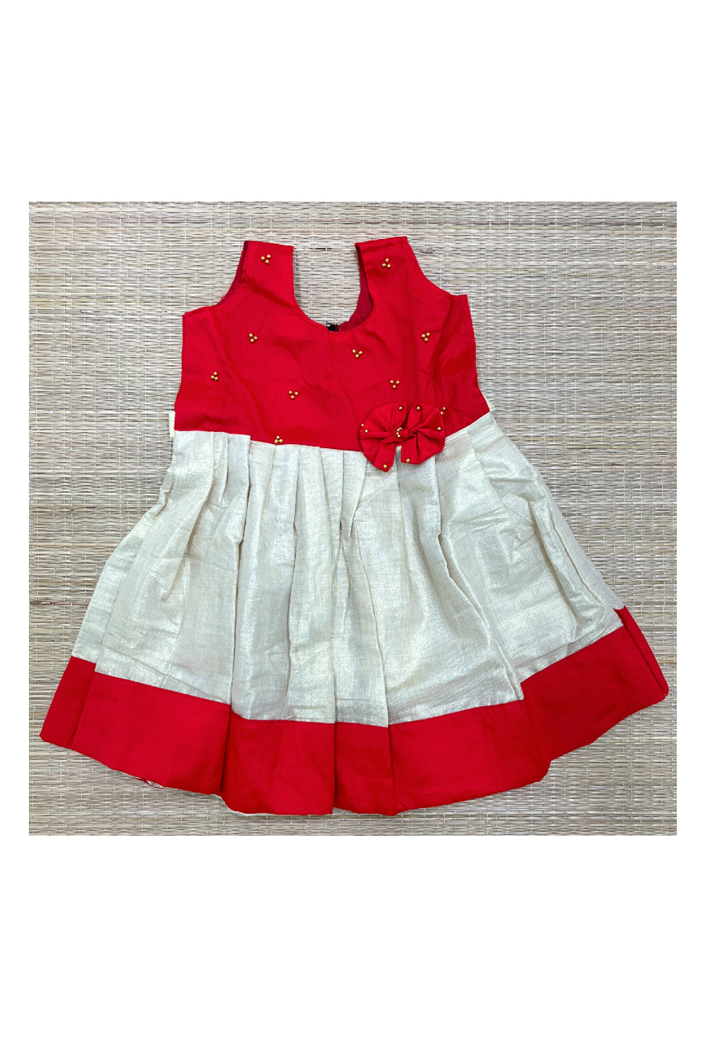 Southloom Kerala Tissue Frock with Red Bead Work Designs for Kids (2 Years)
