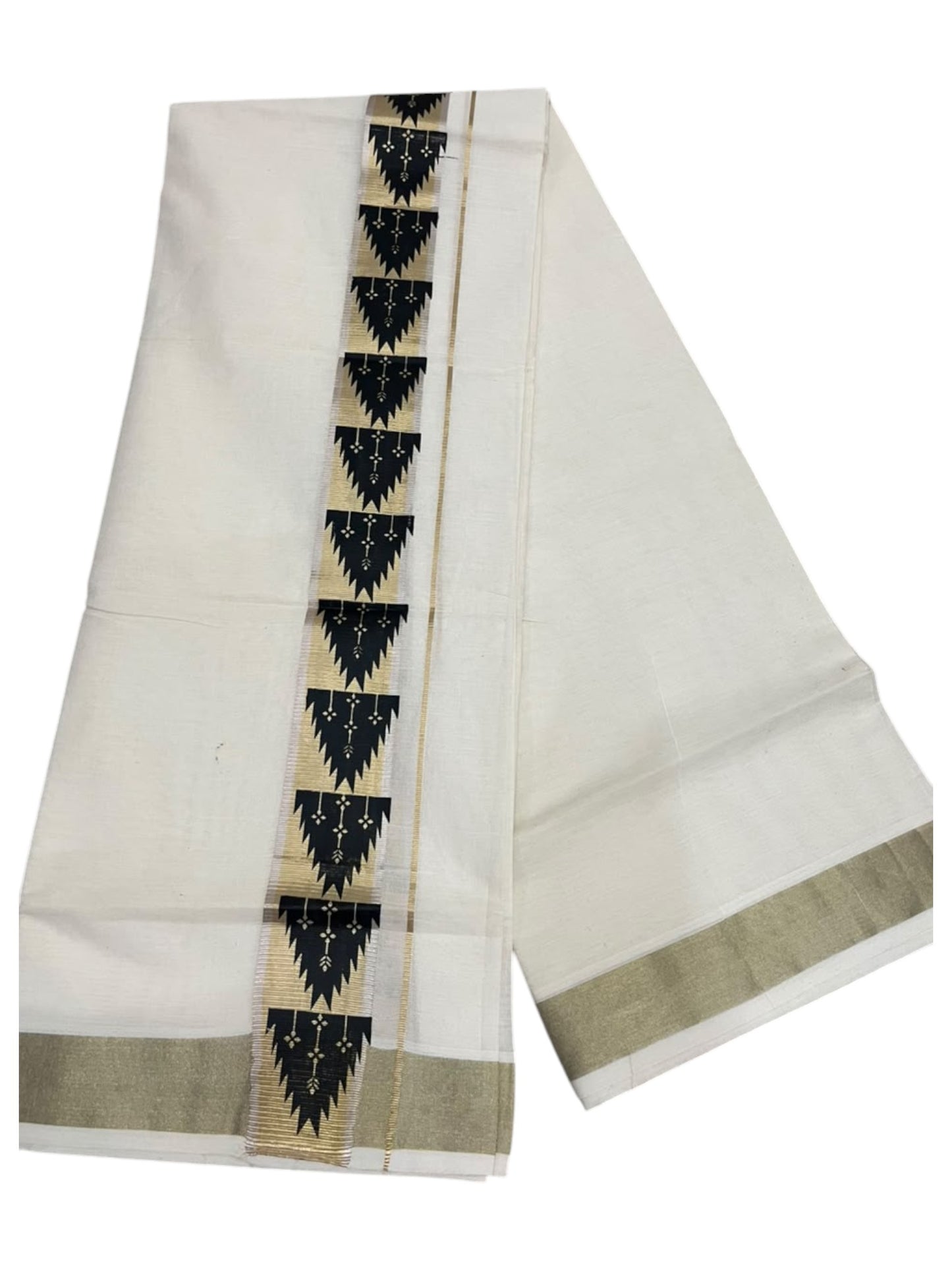 southloom Pure Cotton Double Mundu with Block Prints on Black Border (South Indian Dhoti)SL613