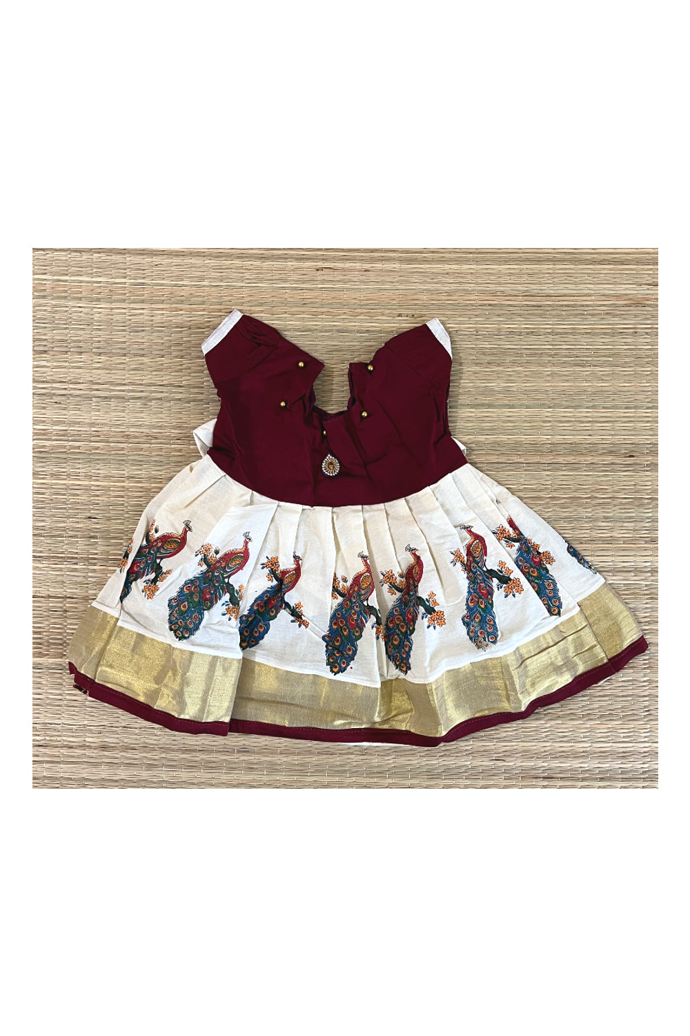 Southloom Kerala Cotton Frock with Maroon Bead Work Designs for Kids (Six Months)