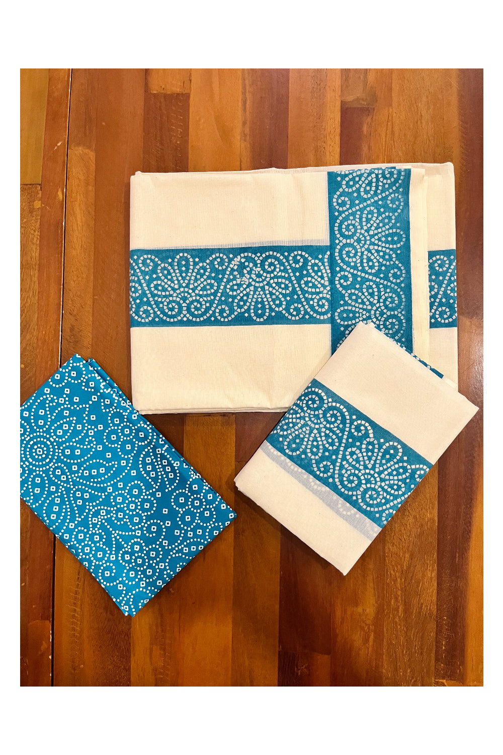 Kerala Cotton Set Mundu (Mundum Neriyathum) with Blue Block Prints and Seperate Blouse Piece