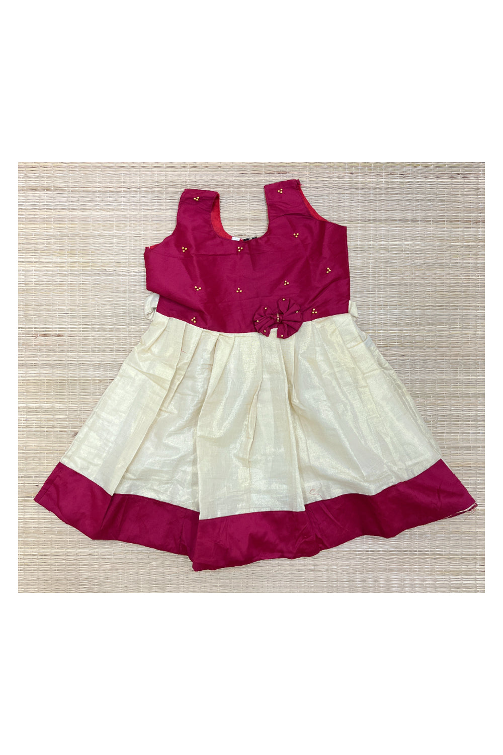 Southloom Kerala Tissue Frock with Magenta Bead Work Designs for Kids (4 Years)