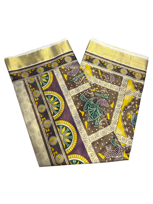 Southloom Kerala Tissue Kasavu Saree with Brown and Violet Hand Painted