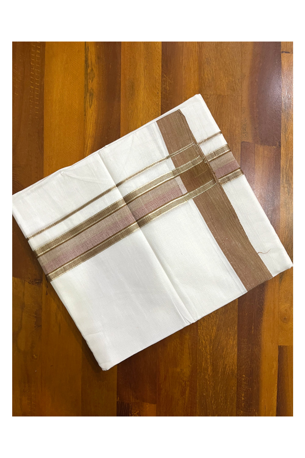 Pure White Cotton Kerala Double Mundu with Brown and Silver Kasavu Border (South Indian Kerala Dhoti)