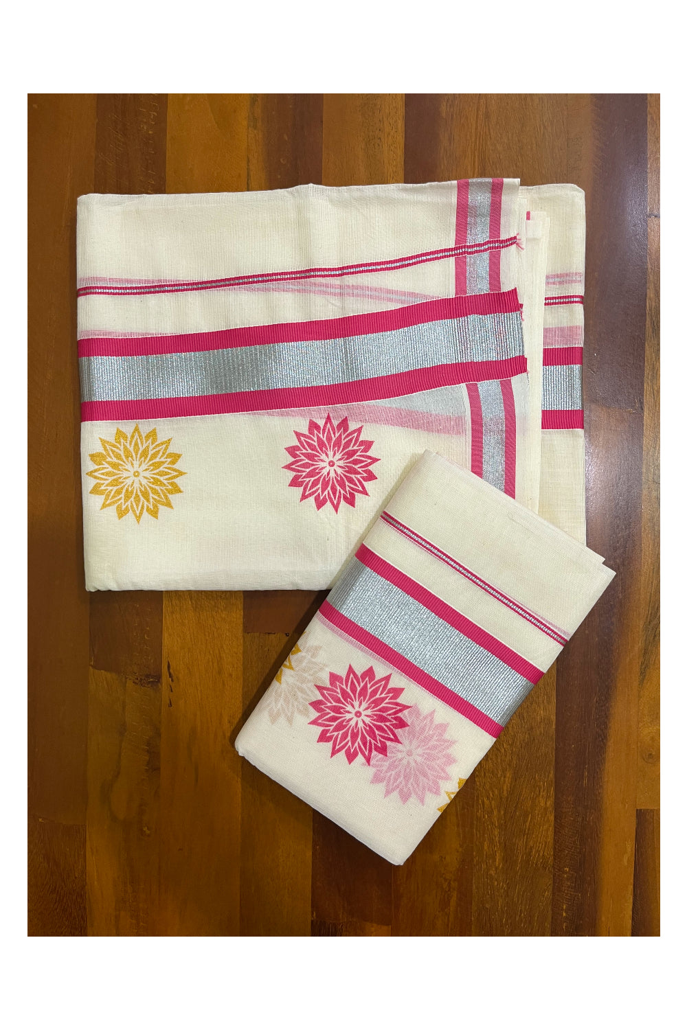 Kerala Cotton Mundum Neriyathum Single (Set Mundu) with Pink Golden Floral Block Prints in Pink Silver Kasavu Border