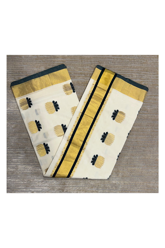 Southloom Premium Cotton Handloom Kerala Kasavu Saree with Woven Lotus Work