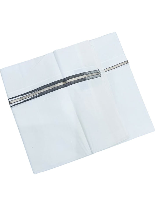 Southloom Pure White Cotton Double Mundu with Silver and Black Chutti Kara (South Indian Dhoti)