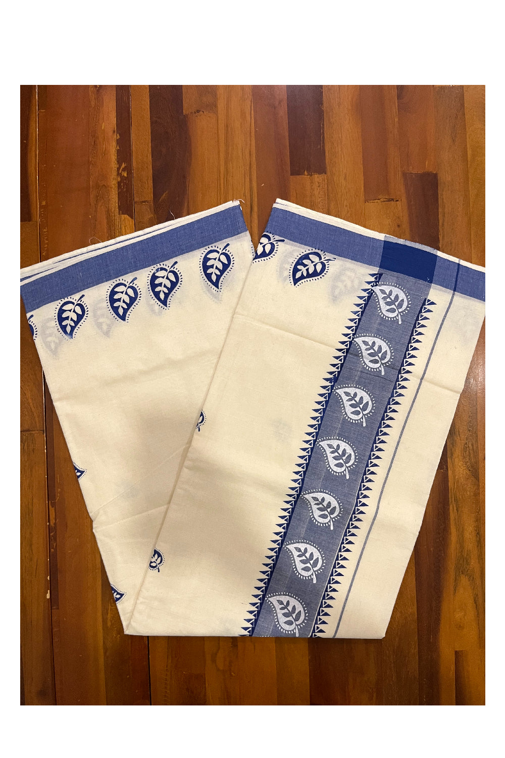 Kerala Cotton Saree with Blue Leaf Block Prints on Border