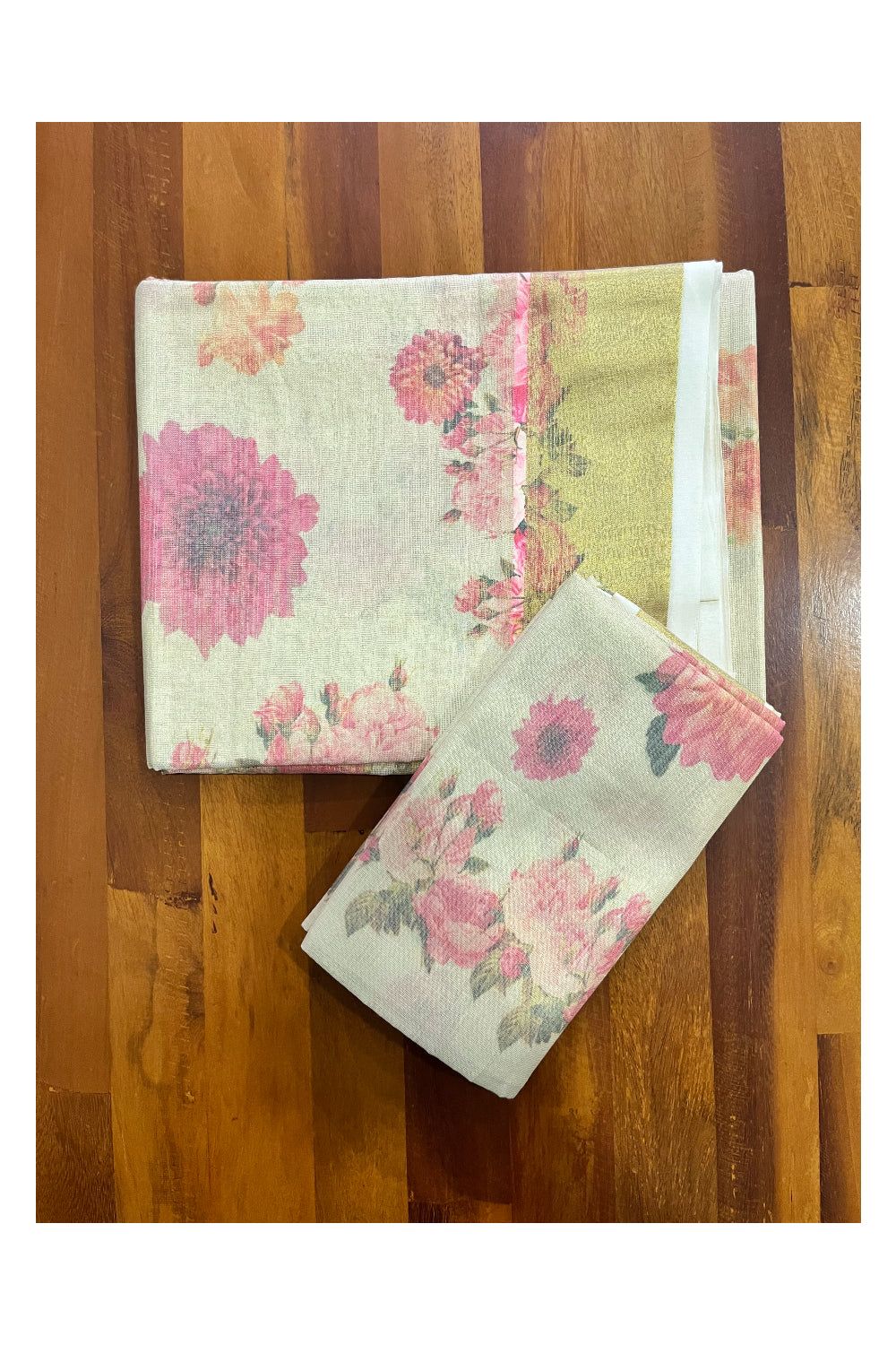 Kerala Tissue Digital Print Single Set Mundu (Mundum Neriyathum) with Pink Floral Design