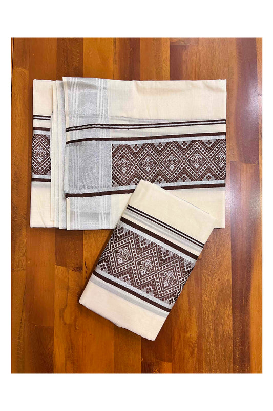 Kerala Cotton Mundum Neriyathum Single (Set Mundu) with Brown Woven Designs and Silver Kasavu Border 2.80 Mtrs