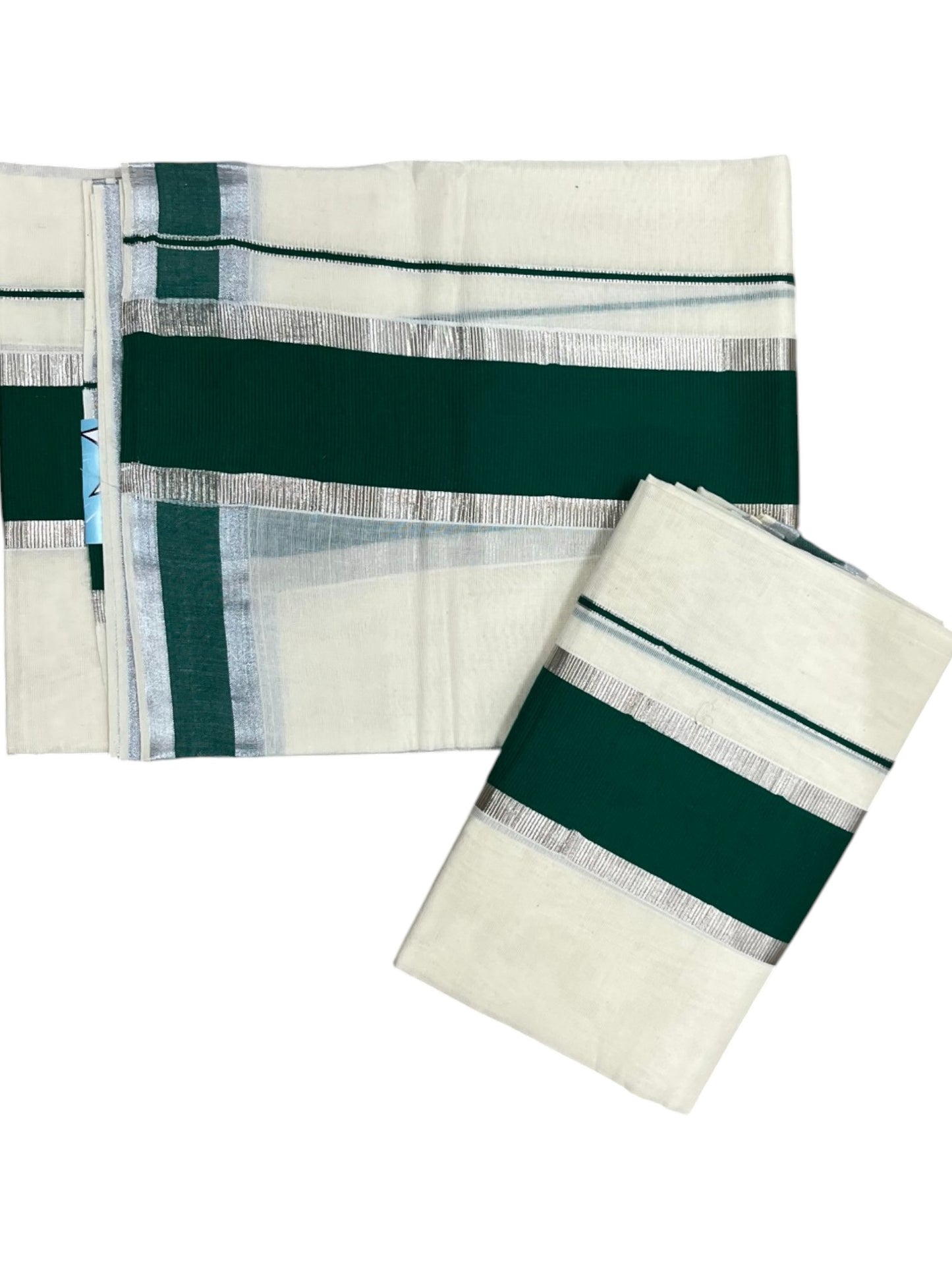 Kerala Cotton Mundum Neriyathum Single (Set Mundu) with Light Green and Silver Kasavu Border 2.80 Mtrs  SLKK SL470