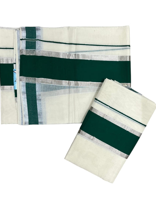Kerala Cotton Mundum Neriyathum Single (Set Mundu) with Light Green and Silver Kasavu Border 2.80 Mtrs  SLKK SL498