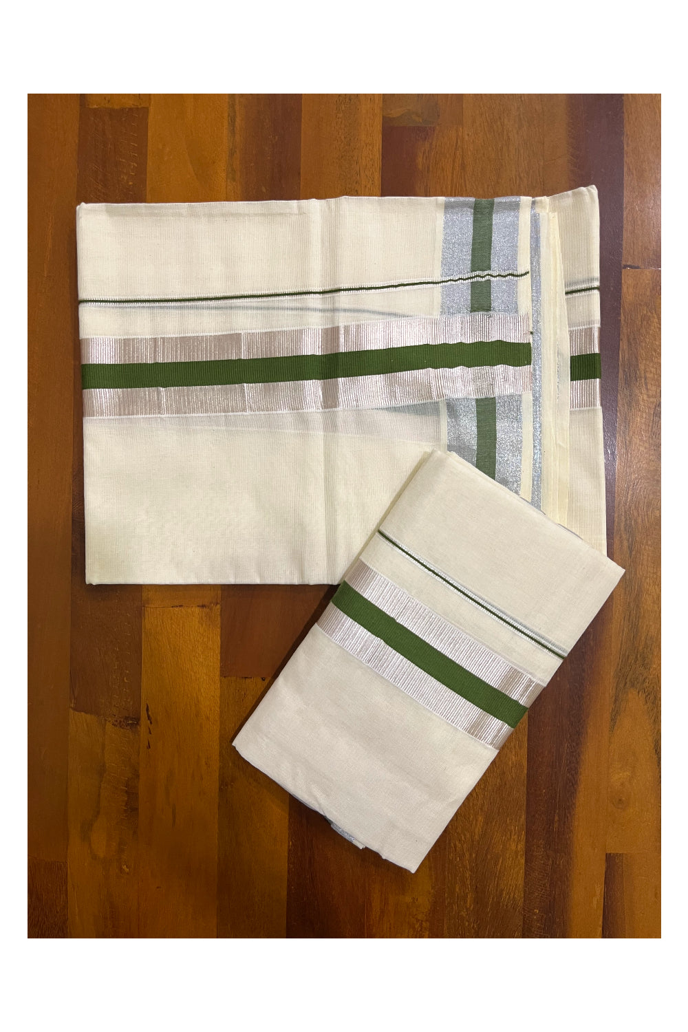 Kerala Cotton Mundum Neriyathum Single (Set Mundu) with Olive Green and Silver Kasavu Border 2.80 Mtrs
