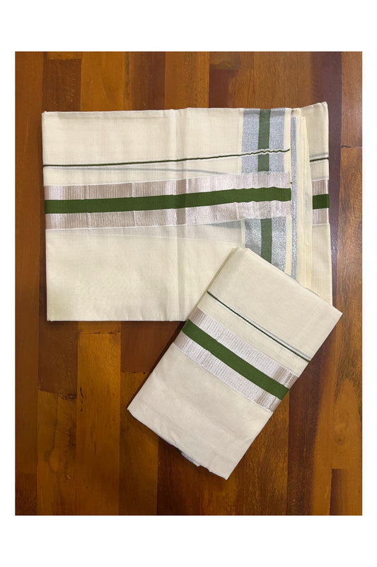 Kerala Cotton Mundum Neriyathum Single (Set Mundu) with Olive Green and Silver Kasavu Border 2.80 Mtrs