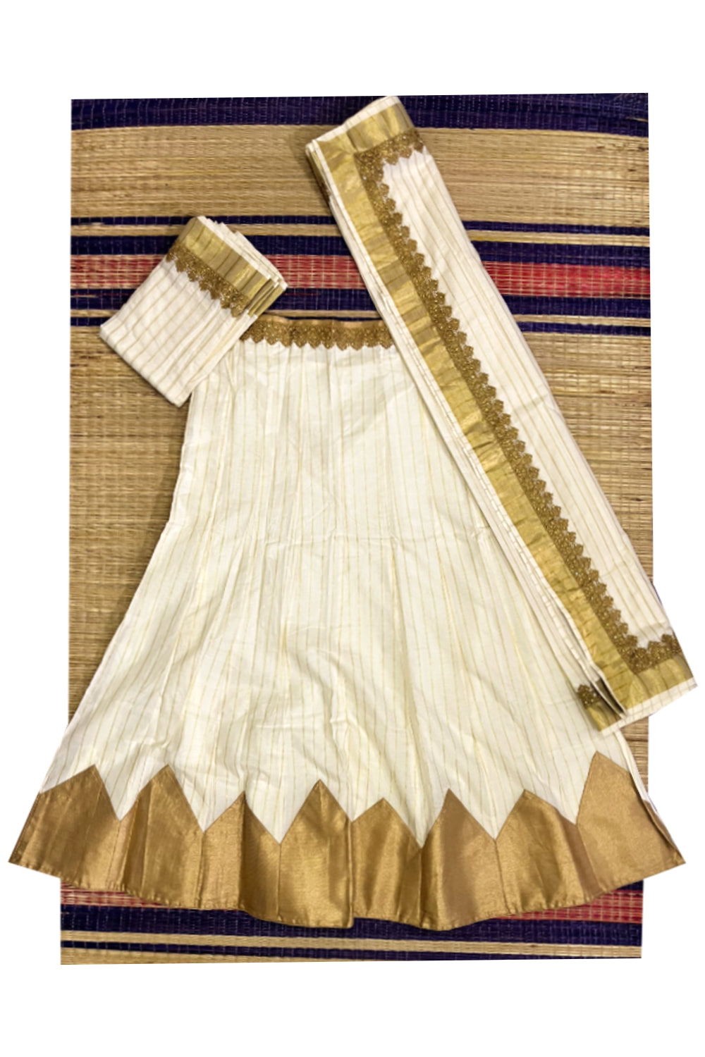 Semi Stitched Premium Cotton Dhavani Set with Kasavu Lines Designs on Body