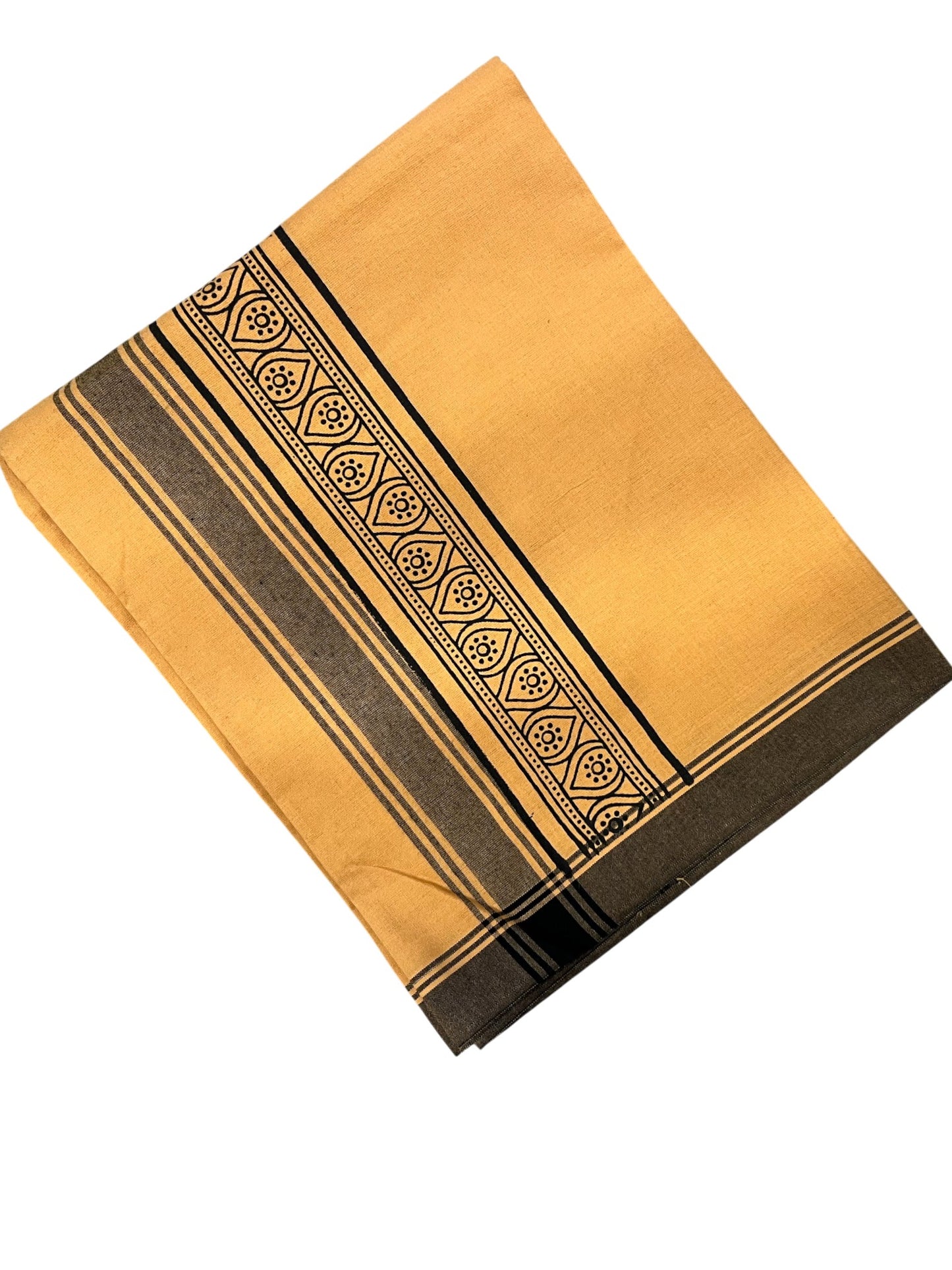 Southloom Saffron (Kaavi) Black Printed Single Mundu / Lungi (South Indian Kerala Dhoti)