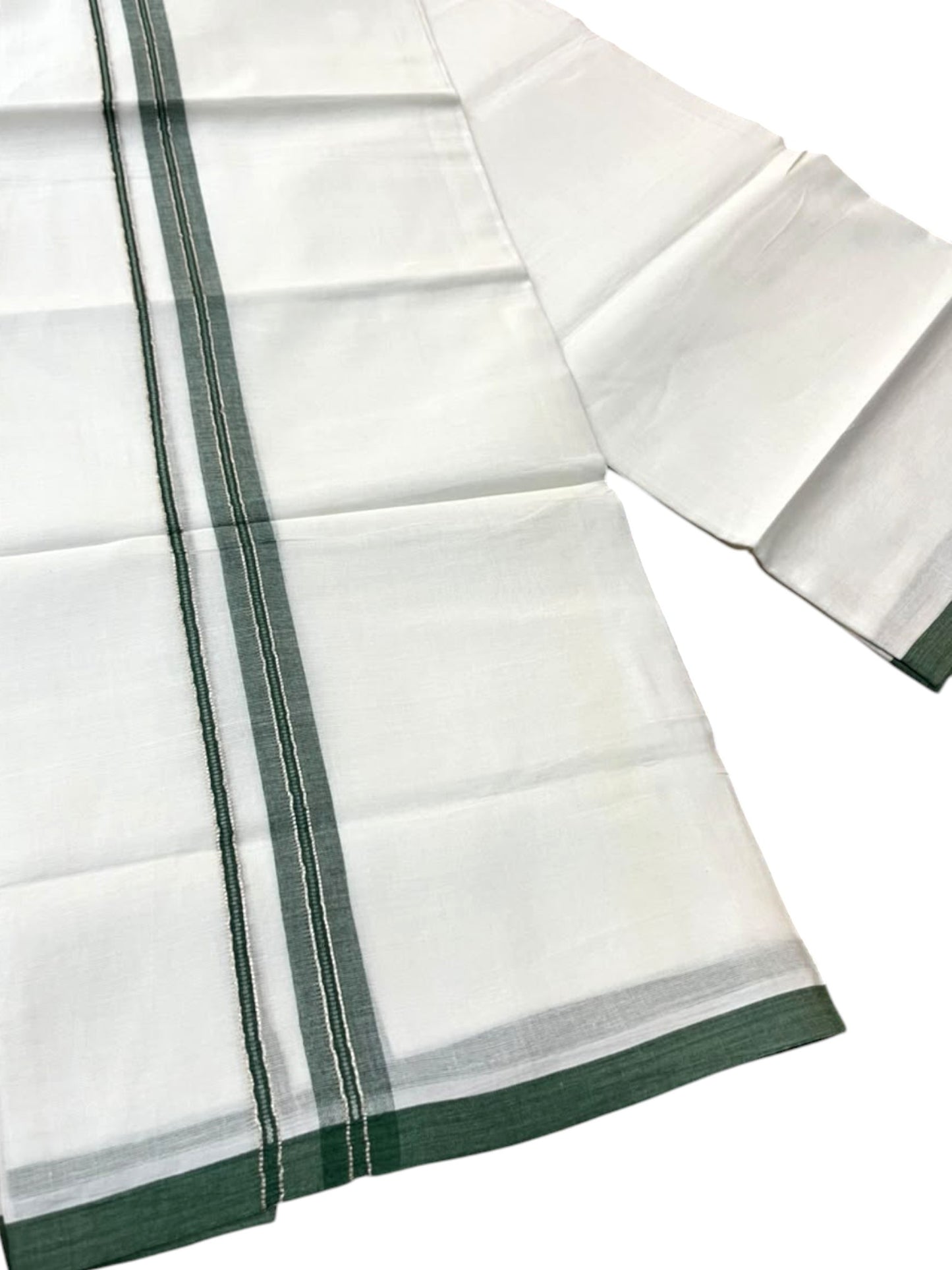 Southloom Pure White Cotton Mundu with Green & Silver Line Border (South Indian Kerala Dhoti)