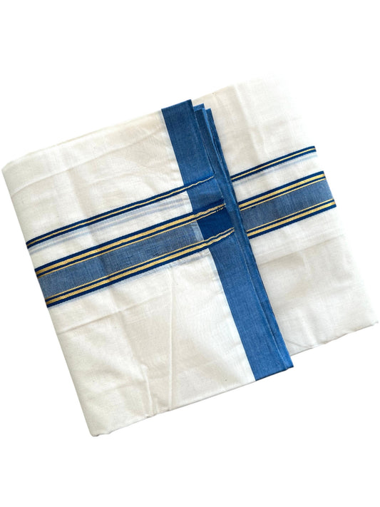 Southloom Pure Cotton Mundu with Golden Lines and Blue Border (South Indian Kerala Dhoti)