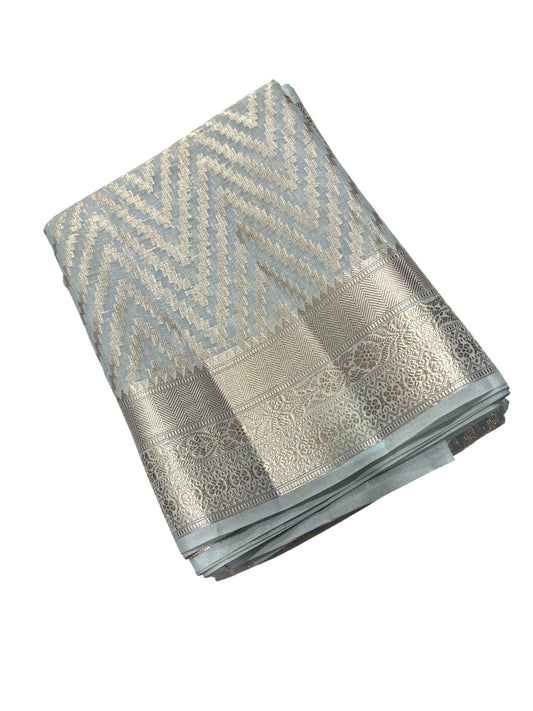 Southloom Cotton Banarasi Silk Saree with Woven Work on Body and Borders (Gray)