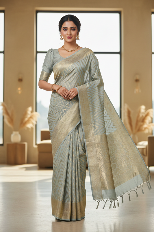 Southloom Cotton Banarasi Silk Saree with Woven Work on Body and Borders (Gray)