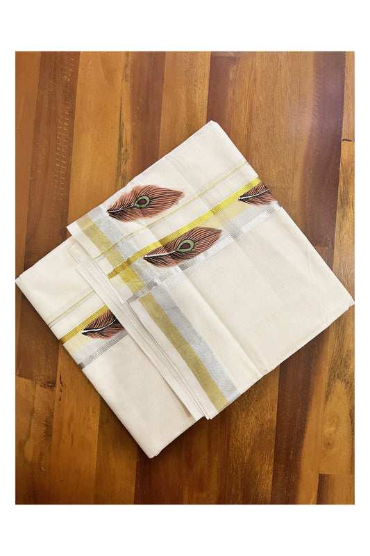 Off White Kerala Cotton Double Mundu with Feather Hand Painted Designs on Silver and Golden Kasavu Border (Vishu 2024 Collection)