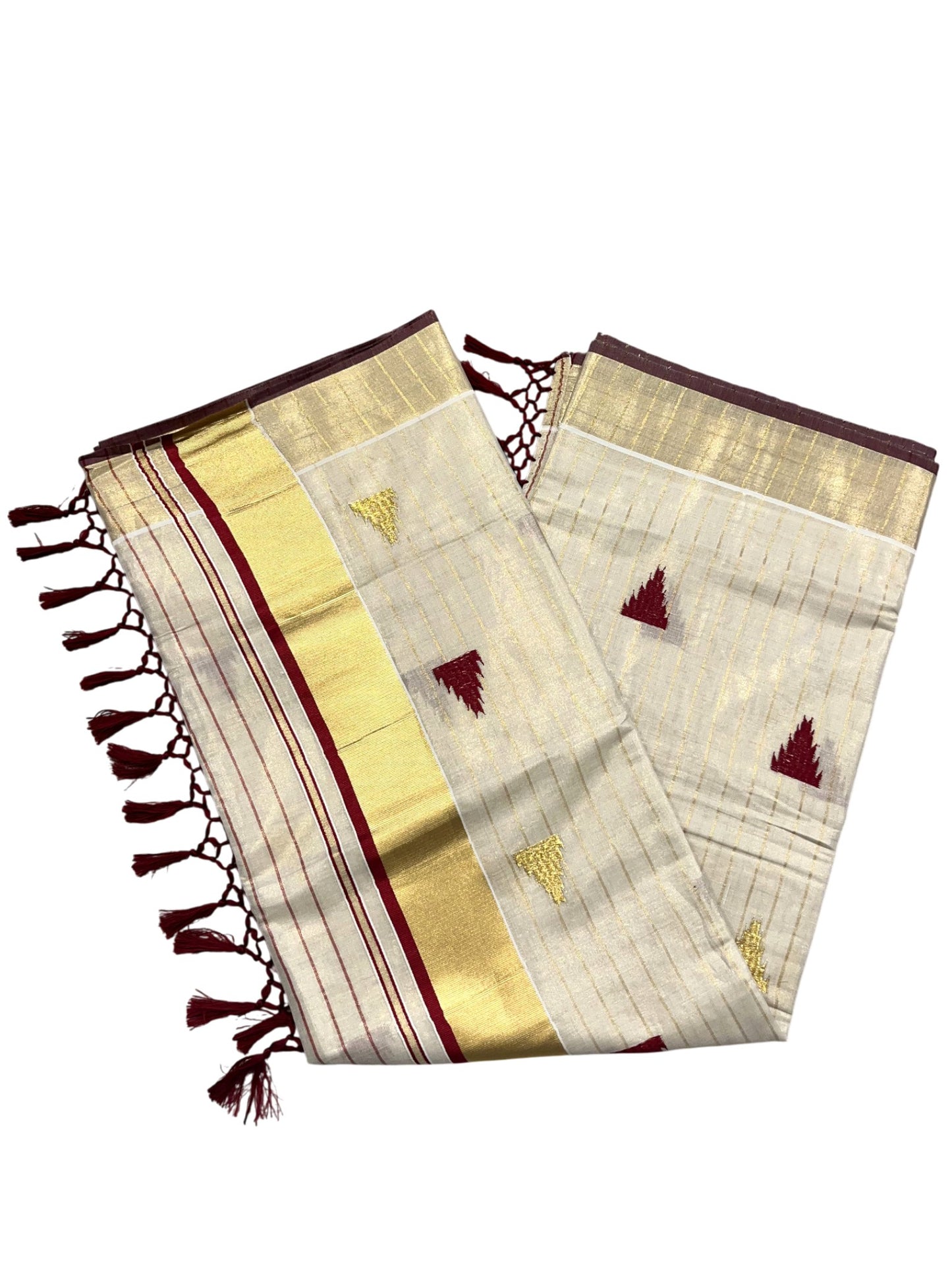 Kerala Tissue Kasavu Stripes Saree with Meroon and Gold Temple Embroidery Design on Body