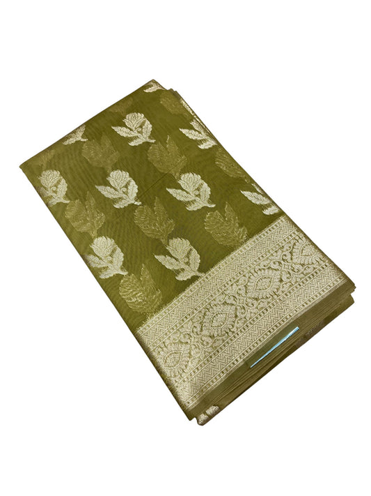 Southloom Cotton Banarasi Silk Saree with Woven Work on Body and Borders (Green)