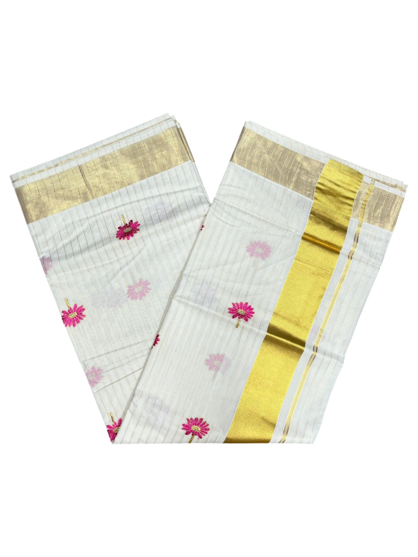 Southloom Cotton Kerala Kasavu Lines Saree with Floral Embroidery Design in Pink