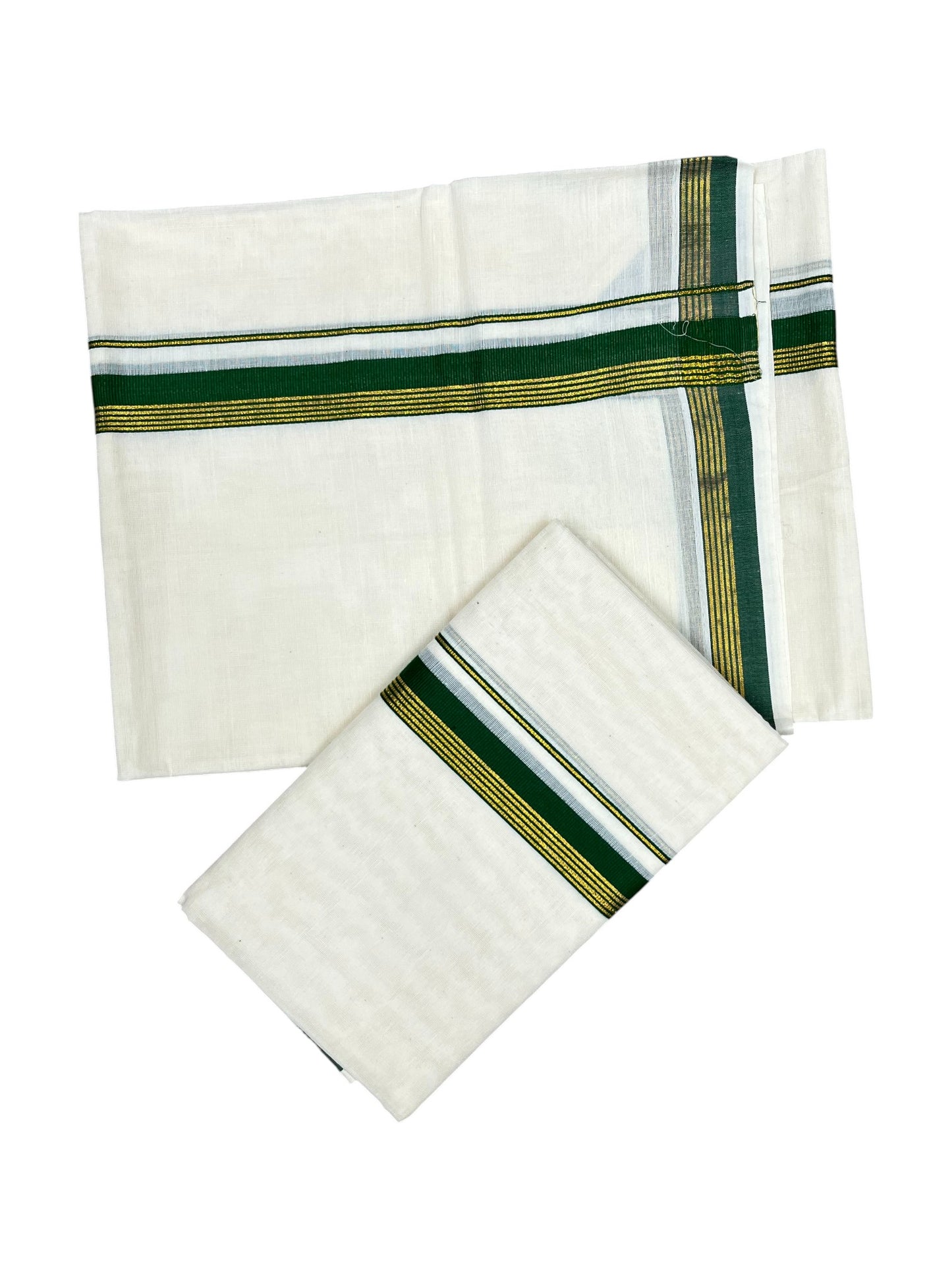 Pure Cotton Kerala Single Set Mundu (Mundum Neriyathum) with Green Kasavu Border in 2.80 Mtrs