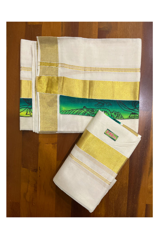 Kerala Cotton Single Set Mundu (Mundum Neriyathum) with Hand Painted Designs with Kasavu Border 2.80 Mtrs